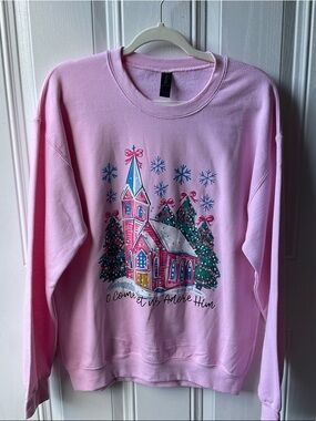 Gildan Pink Holiday Church Graphic Crewneck Sweatshirt